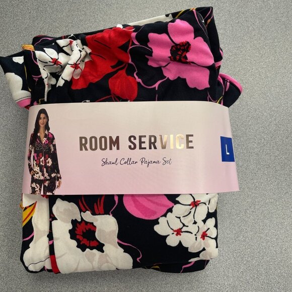 NEW Room Service Women's L Shawl Collar Pajama Set Black Floral Polyester - Picture 6 of 10